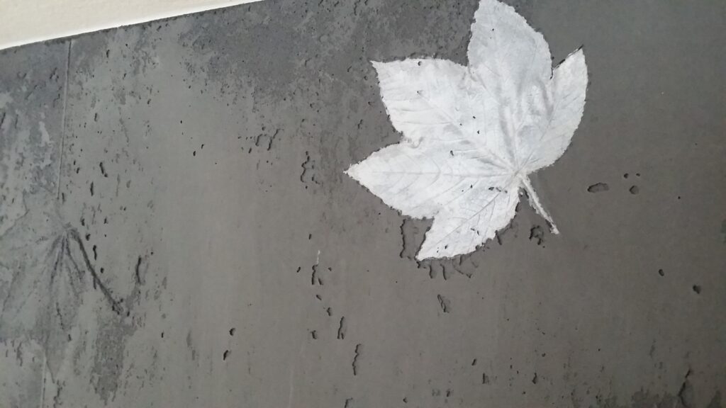Eine stilvolle Wandgestaltung mit STUCCORINO zeigt ein kunstvoll eingearbeitetes Blattmotiv auf Betonoberfläche.