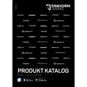 Auf einem schwarzen Hintergrund zeigt das Bild den Einhornwerke Produktkatalog mit verschiedenen Wandgestaltungsmaterialien.