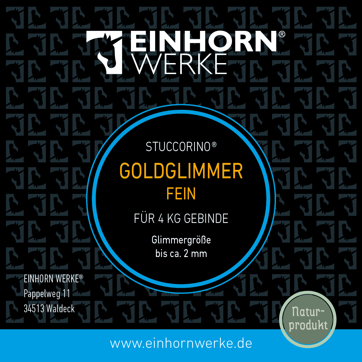 Die Verpackung von Einhornwerke zeigt STUCCORINO Goldglimmer für kreative Wandgestaltung mit feinem Glimmereffekt.