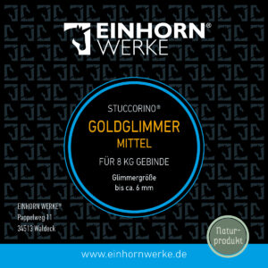 Ein stilvolles Etikett präsentiert das Produkt STUCCORINO® Goldglimmer von Einhornwerke für kreative Wandgestaltung.
