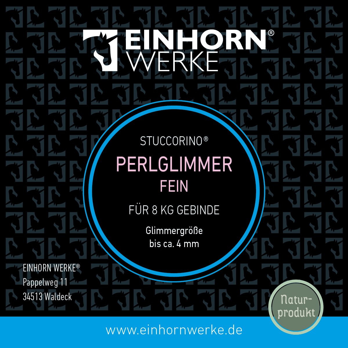 Die Verpackung von Einhornwerke zeigt STUCCORINO® Perlglimmer für kreative Wandgestaltung mit feinem Glimmereffekt.