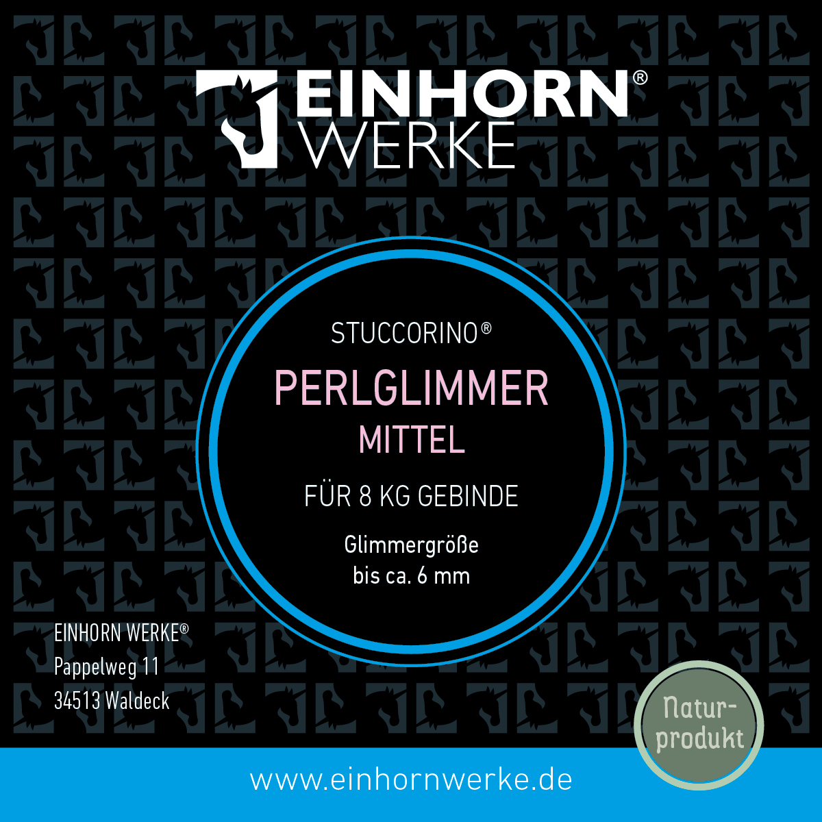 Das Bild zeigt das Etikett des STUCCORINO® Perlgimmer Mittel von Einhornwerke für kreative Wandgestaltung.
