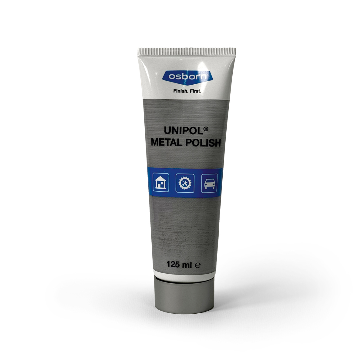 Eine Tube Unipol Metallpolitur steht aufrecht, ideal für glänzende Oberflächen und kreative Wandgestaltung.