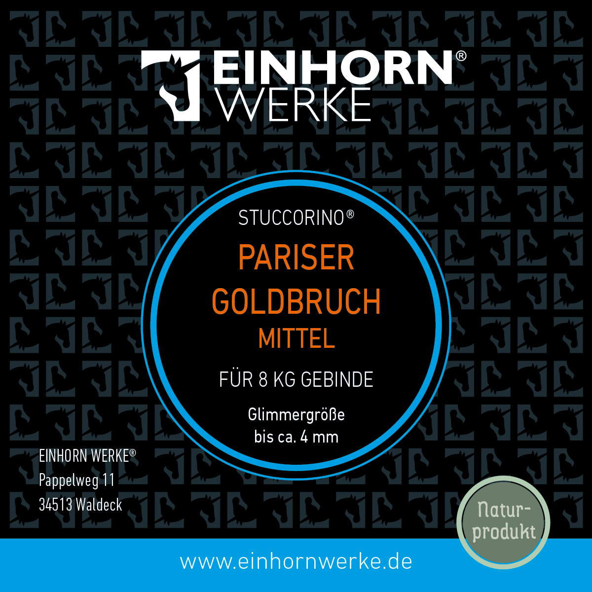 Ein stilvolles Etikett von Einhornwerke zeigt die STUCCORINO® Pariser Goldbruch Mittel, ideal für kreative Wandgestaltung.