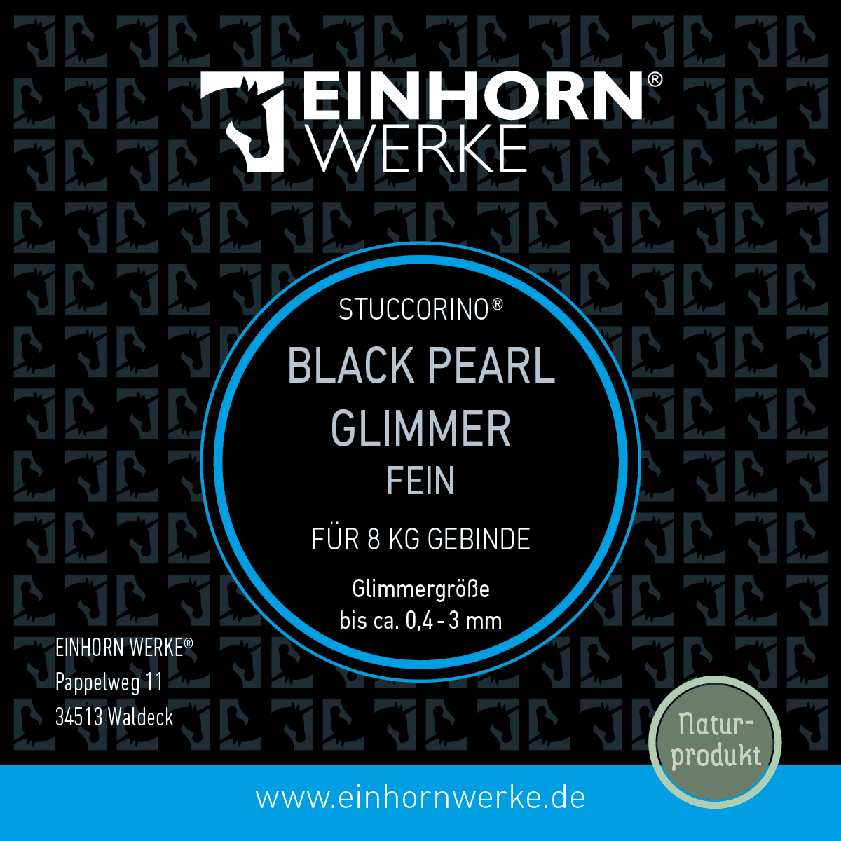 Das Bild zeigt das Etikett von Einhornwerke's STUCCORINO Black Pearl Glimmer für kreative Wandgestaltung.