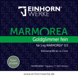 Die Produktverpackung von Einhornwerke zeigt Marmorea Goldglimmer fein, ideal für kreative Wandgestaltung.