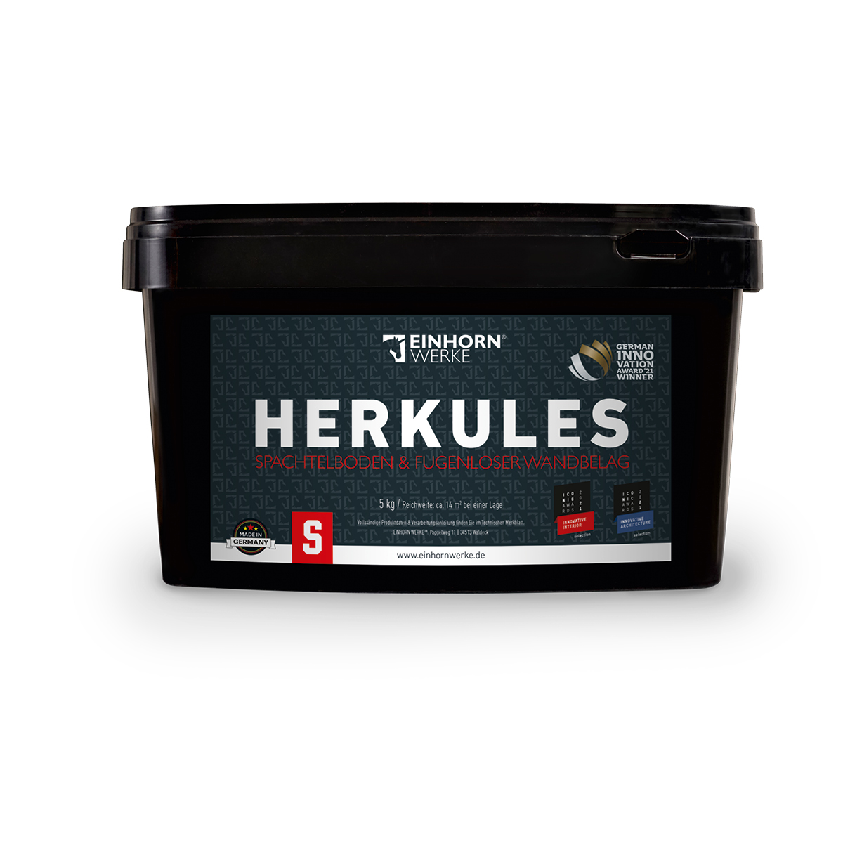 Ein schwarzer Eimer mit der Aufschrift "Herkules" von Einhornwerke zeigt hochwertigen Streichputz für kreative Wandgestaltung.