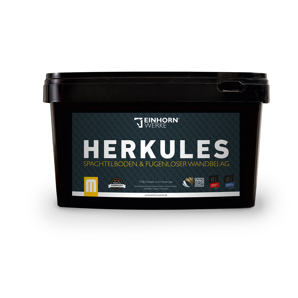 Ein schwarzer Eimer mit dem Label "HERKULES" von Einhornwerke für Spachtelboden und fugenlosen Wandbelag.