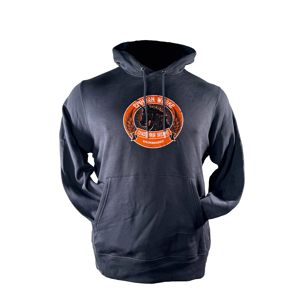 Ein schwarzer Hoodie mit auffälligem Einhornwerke-Logo zeigt kreativen Stil für Wandgestaltungsliebhaber.