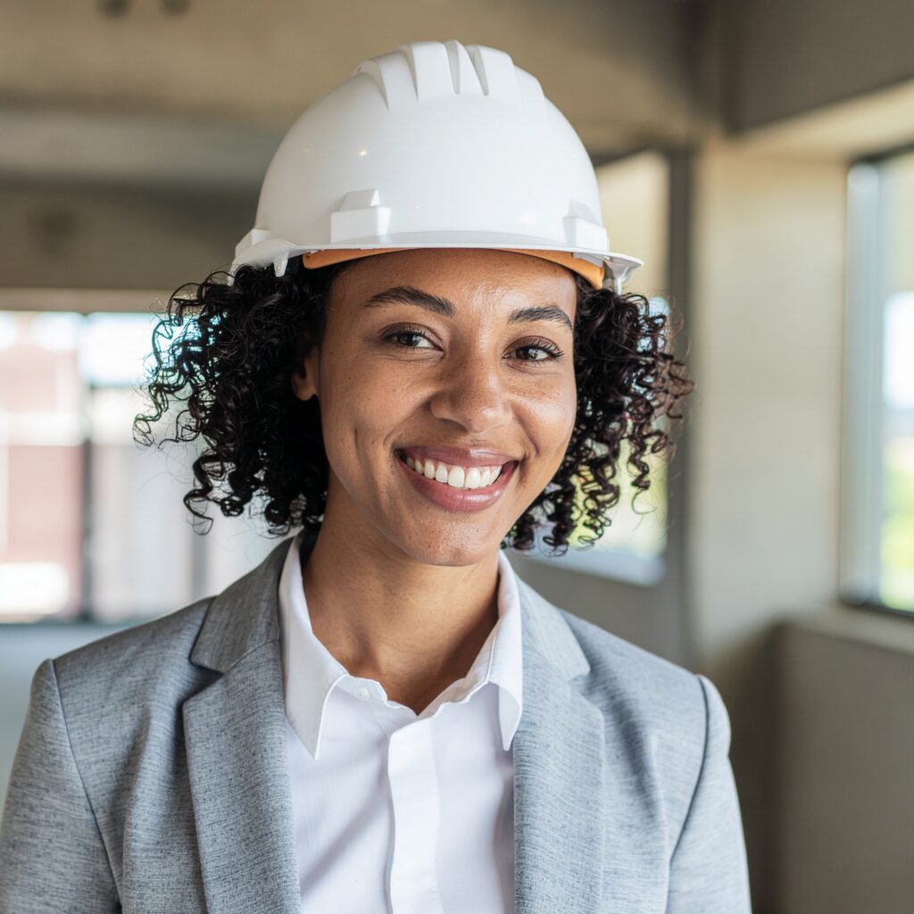 Eine Frau mit Bauhelm lächelt in einem modernen Büro, inspiriert von ATHOS-Innenarchitekturbuero-Mueller-Muenchen.