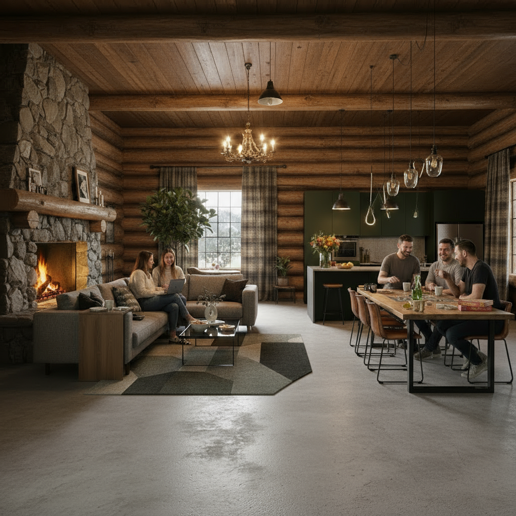 Ein gemütliches Wohnzimmer im Chalet-Stil mit fugenlosem Boden und stilvoller Wandgestaltung lädt zum Entspannen ein.