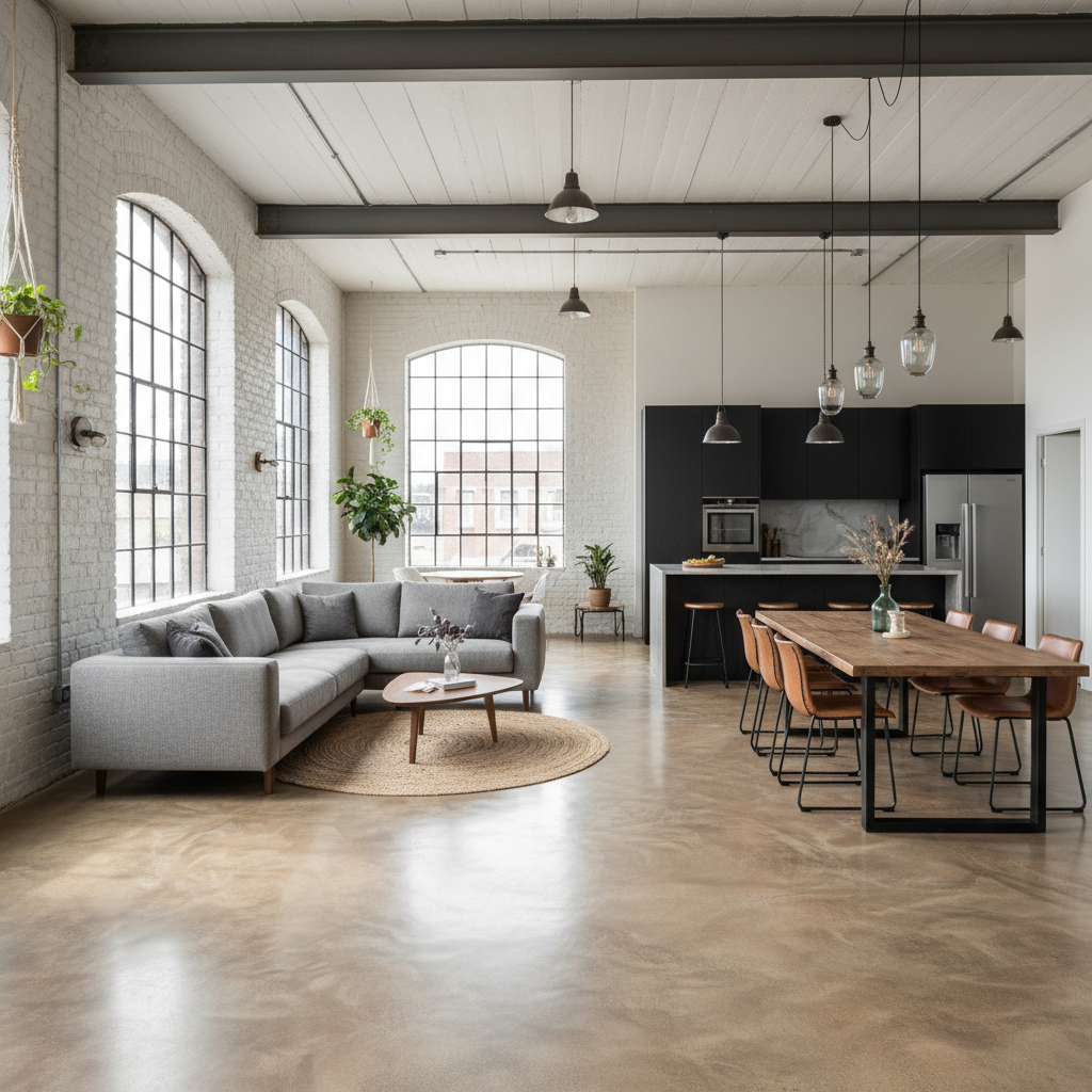 Ein stilvolles Wohnzimmer mit fugenlosem Boden von Einhornwerke, einer eleganten Couch und moderner Wandgestaltung.