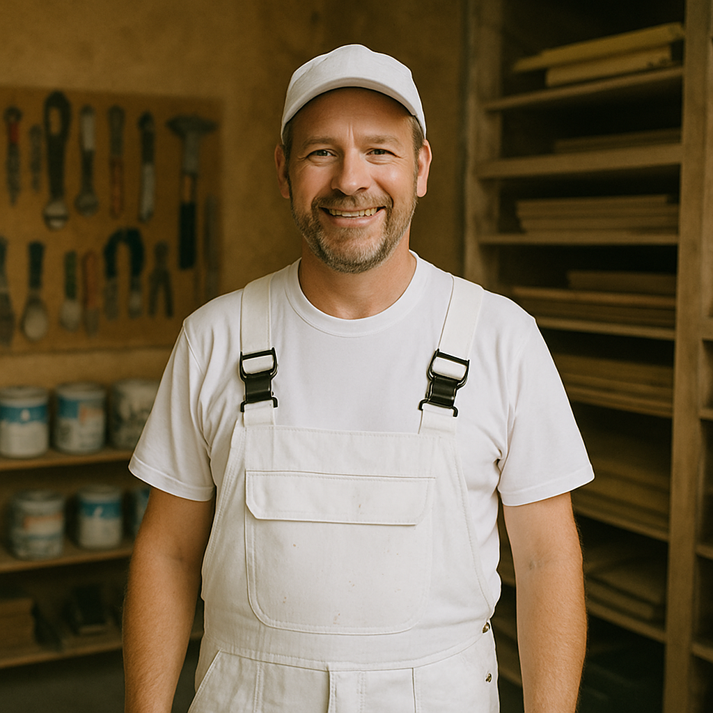 Ein HERKULES-Handwerker lächelt in seiner Werkstatt, umgeben von Werkzeugen für kreative Wandgestaltung.