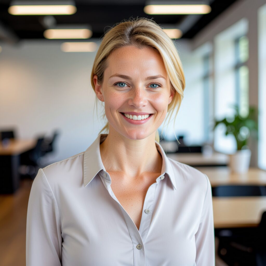 Eine lächelnde Frau im Büro, die als kreative HERKULES-Planerin für moderne Wandgestaltung arbeitet.