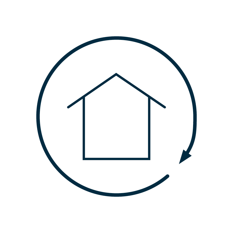 Ein einfaches Haus-Icon mit einem Pfeil drumherum repräsentiert die "Loesung-fuer-Sanierungen-Icon" von Einhornwerke.