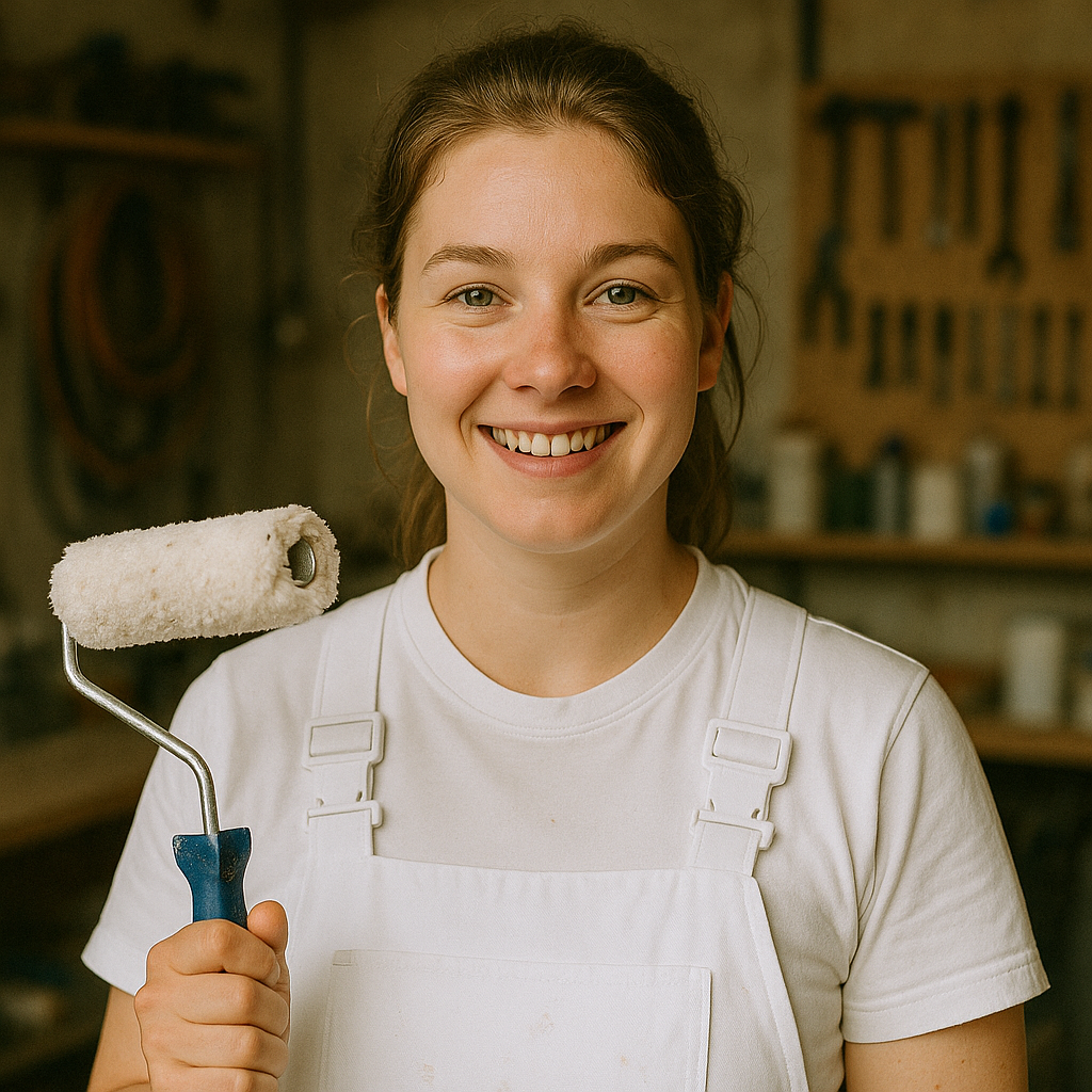 Die MARMOREA-Handwerkerin lächelt im Atelier, bereit für kreative Wandgestaltung mit Einhornwerke-Streichputz.