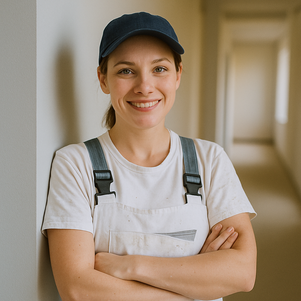Eine Handwerkerin in Arbeitskleidung lächelt zufrieden in einem Flur, inspiriert von Mornroe-Kundenstimme und Wandgestaltung.