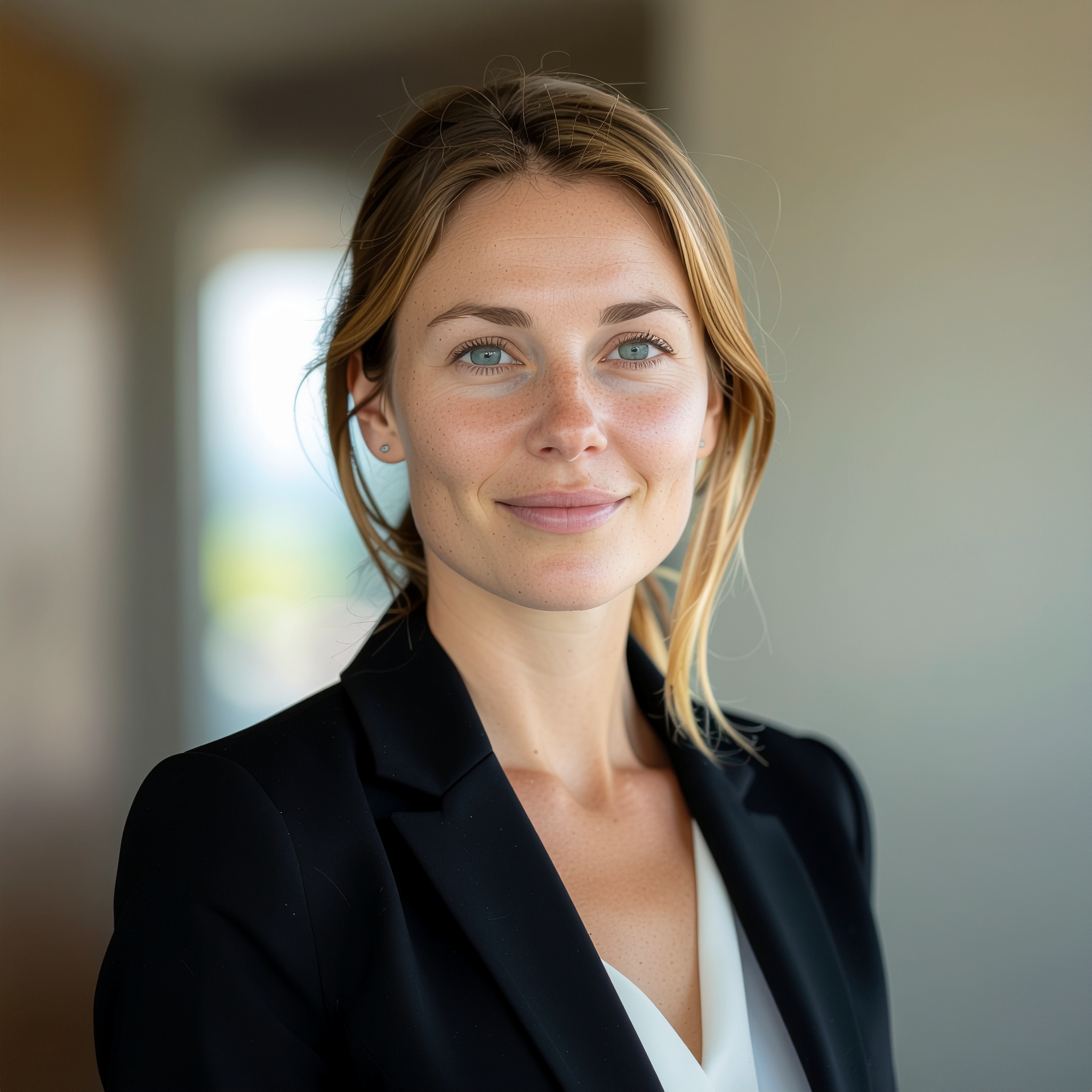 Eine lächelnde Frau in einem eleganten Blazer steht vor einer dezent gestalteten Wohnzimmerwand.