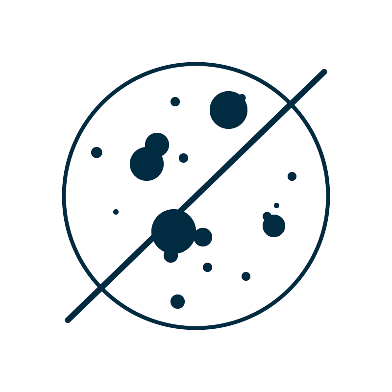 Ein Icon zeigt Schimmelbildung in einem Kreis mit einer diagonalen Linie, was für "Schimmelbildung wird vermieden" steht.