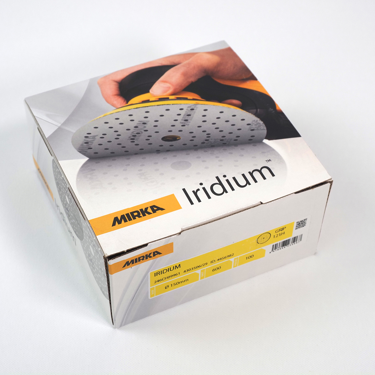 Eine Box mit Schleifpapier-Iridium von Mirka zeigt ein hochwertiges Produkt für präzise Wandgestaltung.