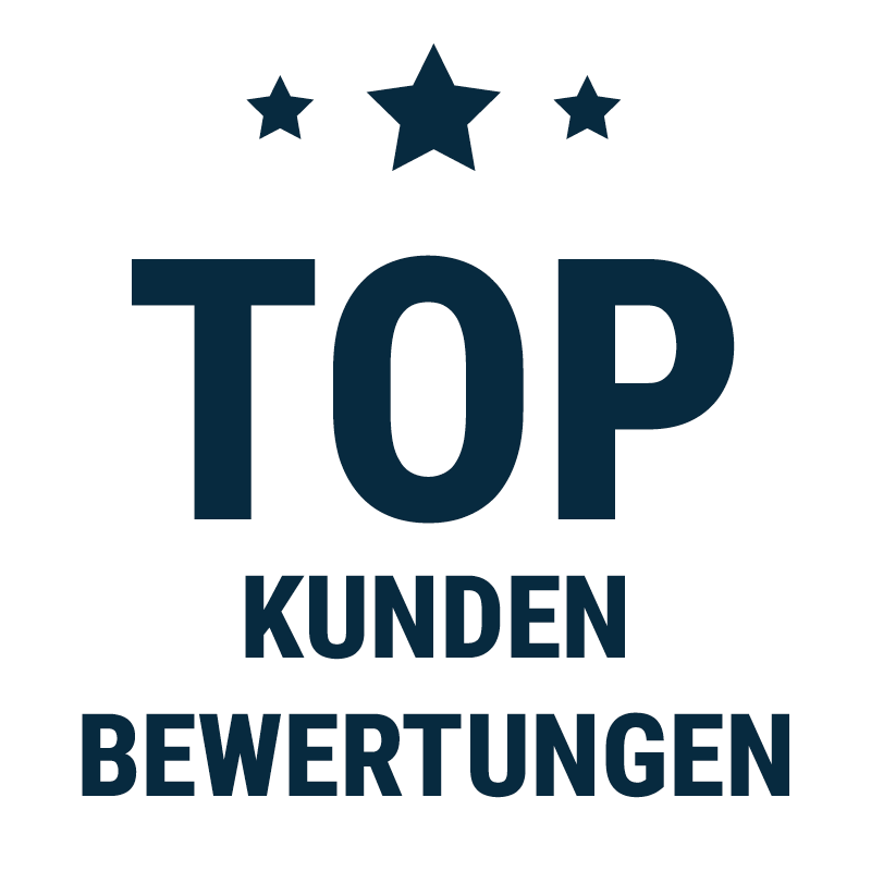 Das Top-Kundenbewertungen-Icon zeigt drei Sterne über den Wörtern "TOP Kundenbewertungen" in elegantem Design.