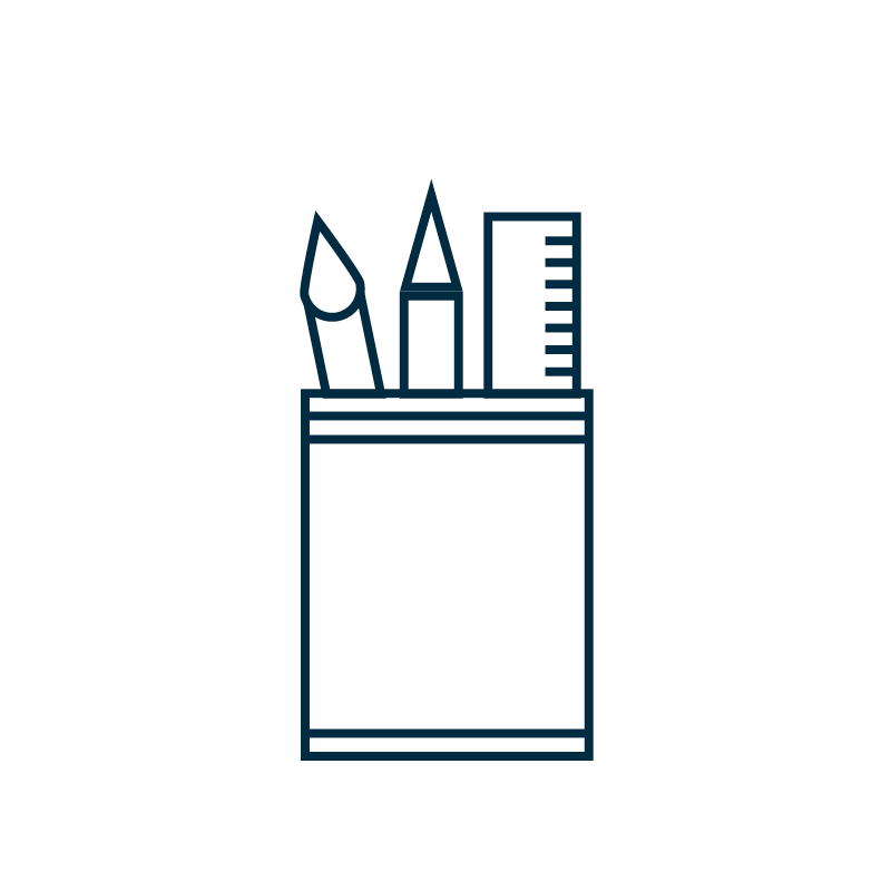 Ein minimalistisches Icon zeigt Stifte und Lineal in einem Behälter, symbolisierend unzählige Gestaltungs­möglichkeiten.