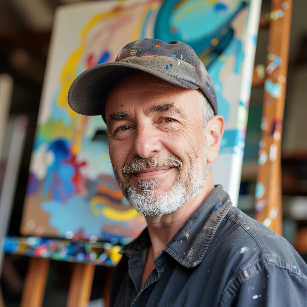 Ein Künstler in einem Atelier lächelt vor einer Leinwand mit bunter Wandgestaltung von Einhornwerke.