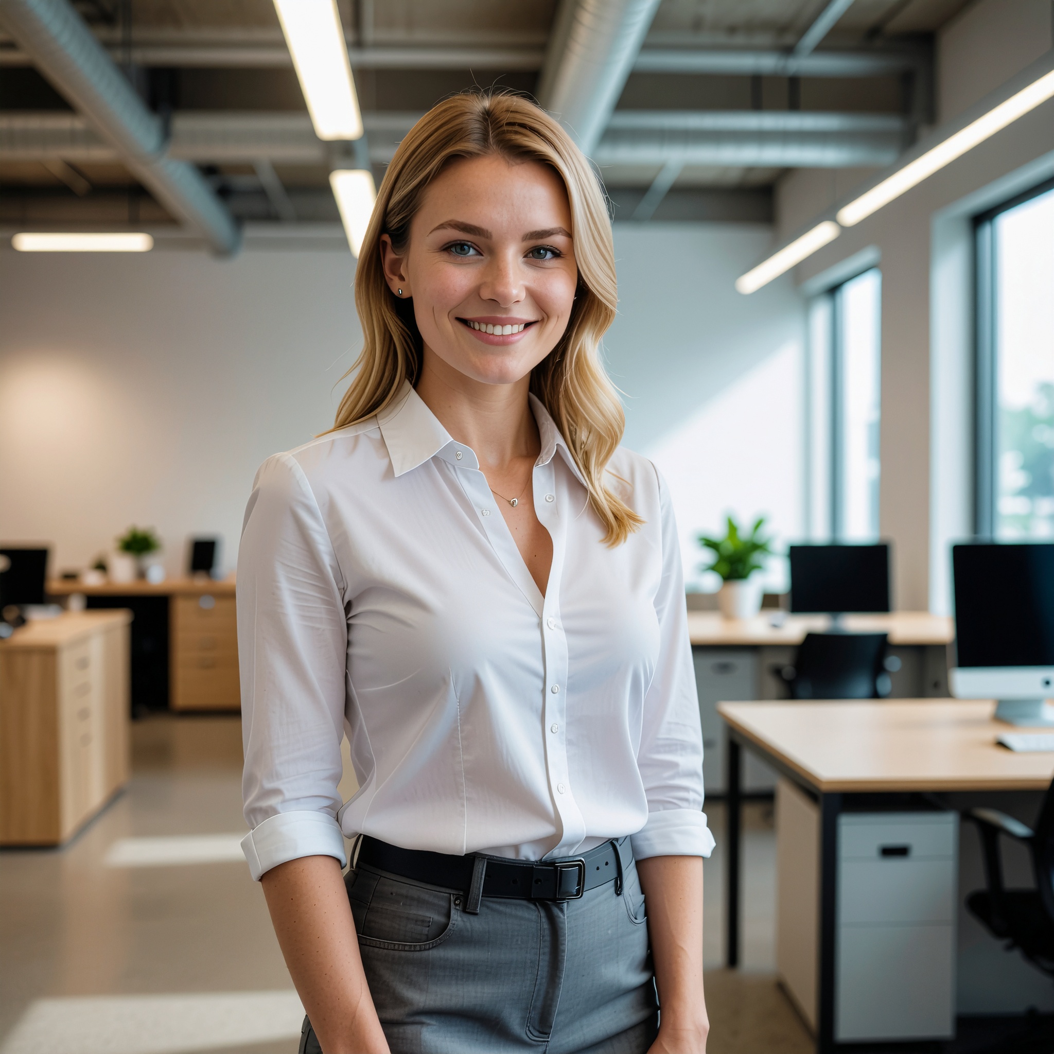 Eine lächelnde Frau steht in einem modernen Büro mit eleganter Wandgestaltung und Einhornwerke-Design.