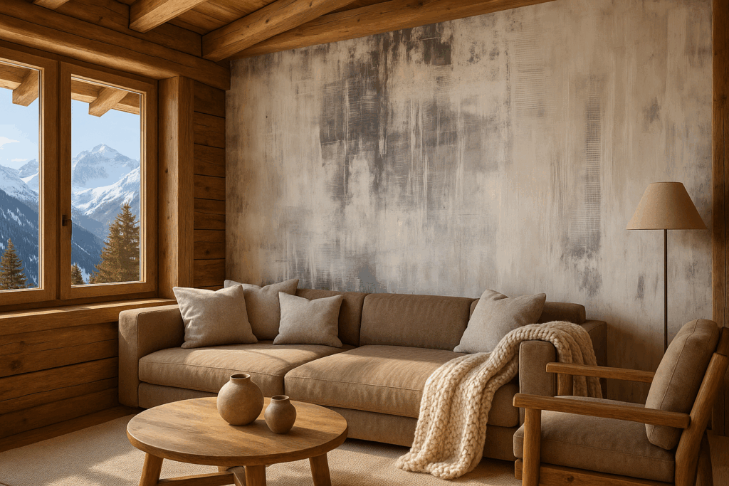 Ein modernes Wohnzimmer mit stilvoller Wandgestaltung und eleganten Möbeln präsentiert hochwertige QNG-Materialien-für-den-Innenausbau. Kalkputz, Fugenloses Badezimmer und Spachtelboden. QNG Materialien für den Innenausbau