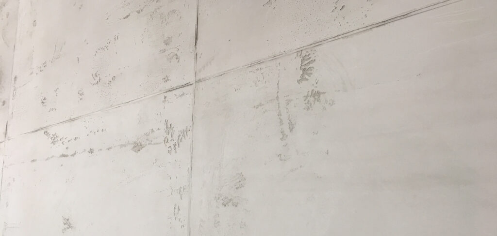 Eine Nahaufnahme zeigt eine Betonoptik-Wand in hellgrau, ideal für moderne Wandgestaltung im Wohnzimmer.