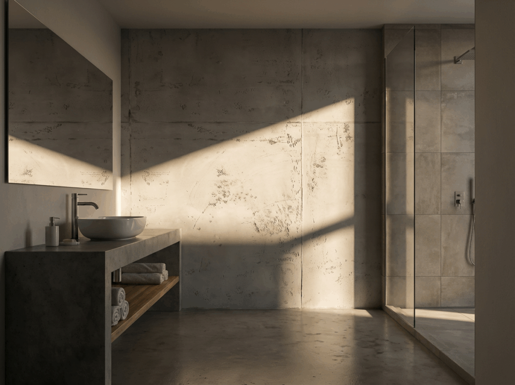 Ein stilvolles Badezimmer in Betonoptik mit eleganter Wandgestaltung und moderner Dusche von Einhornwerke.