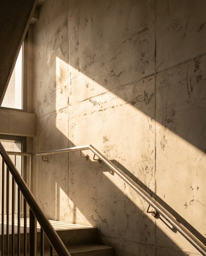 Ein Betonoptik Treppenhaus mit stilvoller Wandgestaltung von Einhornwerke wird von Sonnenlicht beleuchtet.