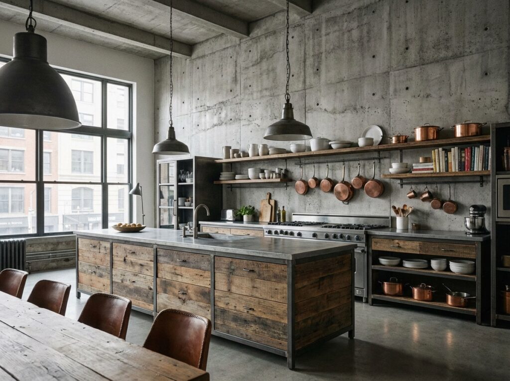 Eine moderne Küche in Betonoptik mit eleganter Wandgestaltung und rustikalen Holzelementen von Einhornwerke.