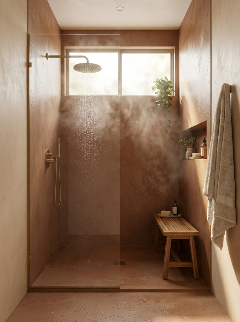 Eine moderne fugenlose Dusche mit stilvoller Wandgestaltung und Einhornwerke-Produkten sorgt für ein elegantes Badezimmerambiente. Mit Spachtelboden. Boden und Dusche HERKULES 0150 + Wände MARMOREA 534