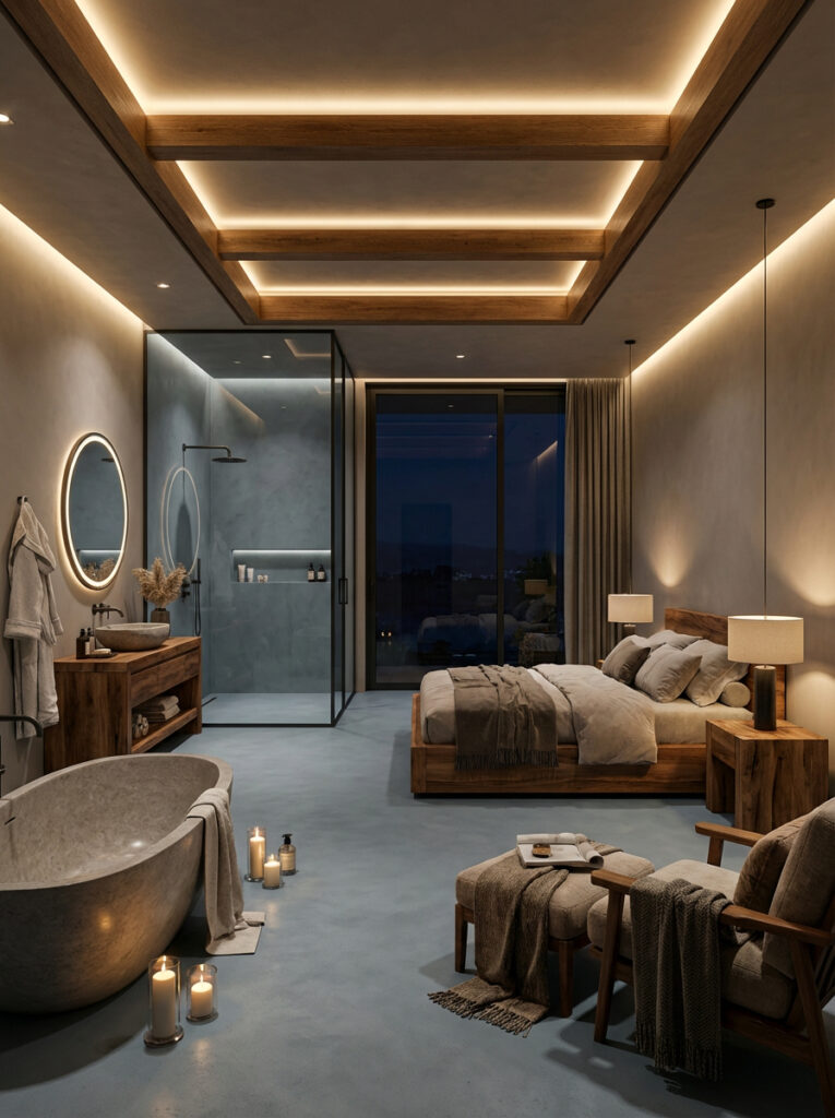 Ein stilvolles Hotelzimmer mit fugenloser Dusche und fugenlosem Boden von Einhornwerke schafft eine luxuriöse Atmosphäre. Dusche und Boden mit HERKULES 1906. Wände mit atmungsaktivem Kalkputz MARMOREA 015.