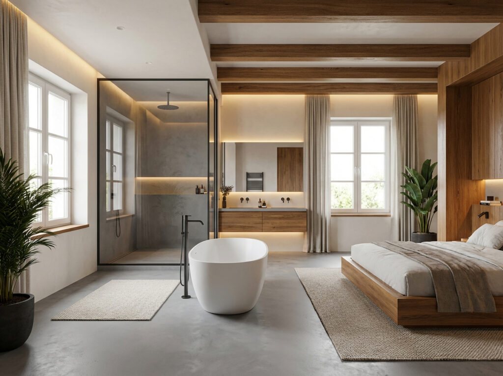 Ein modernes Hotelzimmer zeigt eine elegante Wandgestaltung mit freistehender Badewanne und fugenloser Dusche von Einhorn Werke. Dusche und Boden mit HERKULES 1906. Wände atmungsaktiv mit MARMOREA 015.