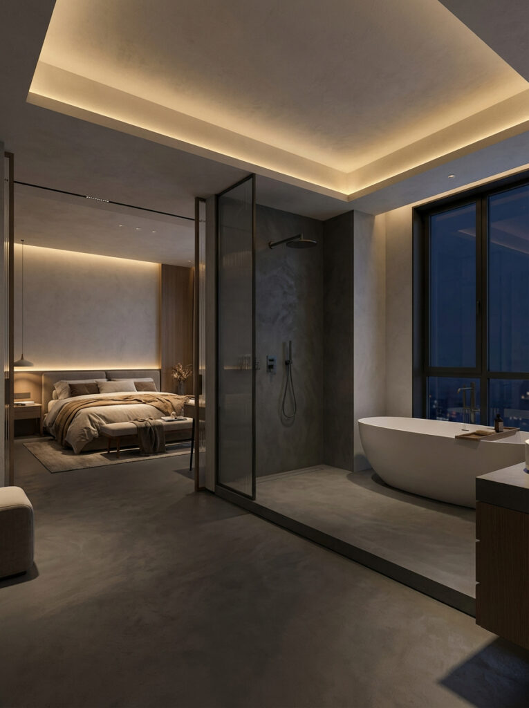 Ein modernes Badezimmer mit fugenloser Dusche und stilvoller Wandgestaltung aus der Kollektion von Einhornwerke. Boden und Dusche Farbton 2707, sonstige Wände MARMOREA 219.