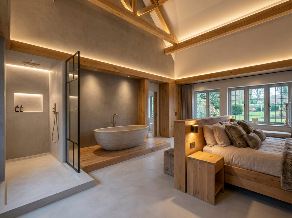 Boden und Dusche mit HERKULES im Farbton 0040. Wände mit MARMOREA im Farbton 006.