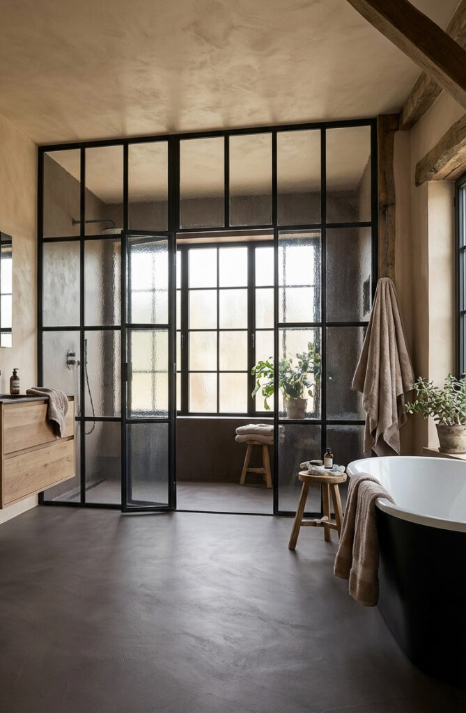 Ein stilvolles Badezimmer mit Bodenbelägen in Betonoptik, einer modernen Dusche und eleganter Wandgestaltung.