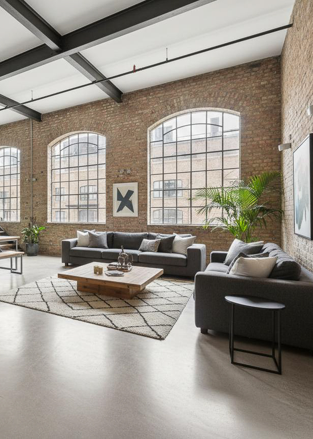 Ein stilvolles Wohnzimmer mit Betonoptik-Bodenbeschichtung und moderner Wandgestaltung von Einhornwerke.