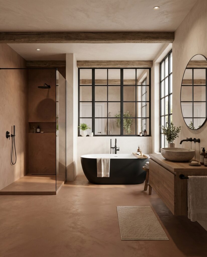 Ein Badezimmer mit freistehender Badewanne und fugenlosem Badezimmer mit Sichtbetonboden. Boden und Dusche ausgeführt mit HERKULES im Farbton 3209. Wände mit MARMOREA.