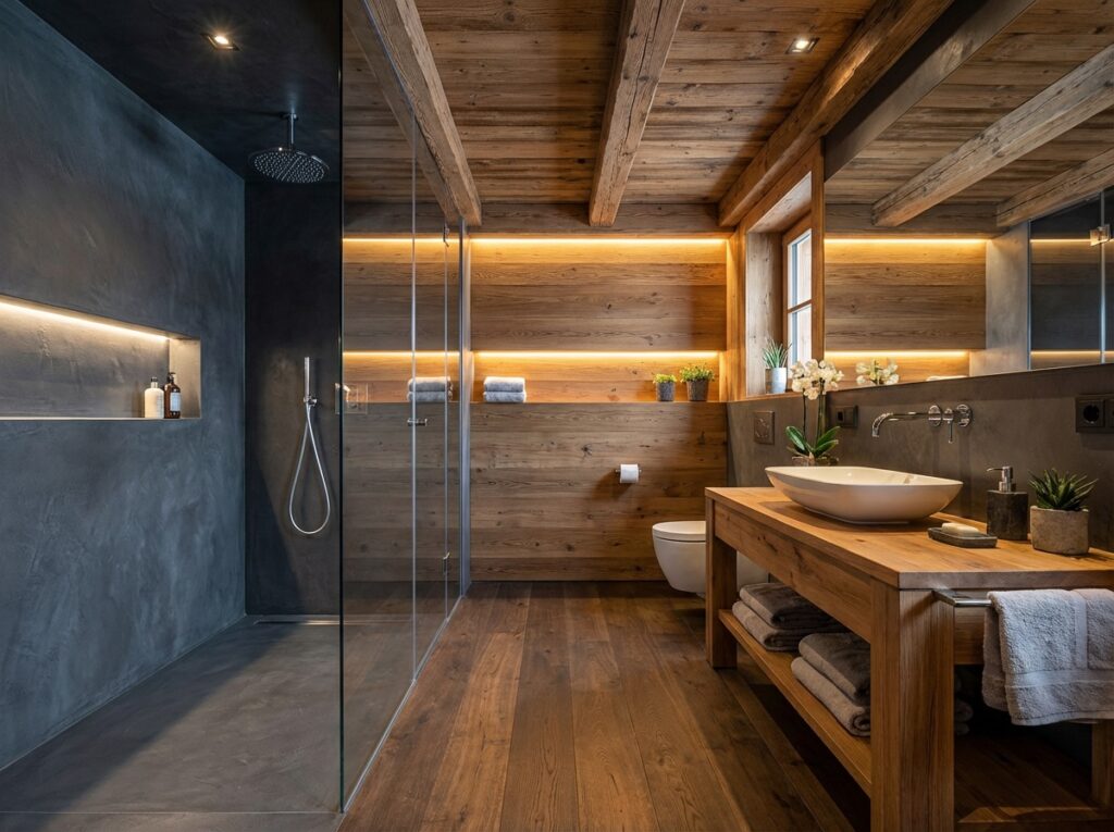 Ein stilvolles Badezimmer mit viel Holz und einer fugenlosen Dusche, gespachtelt mit HERKULES im Farbton 1901, strahlt Eleganz aus.