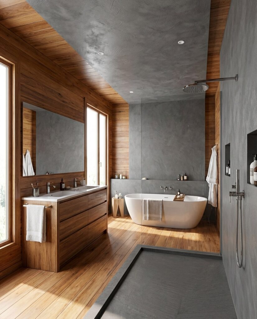 Ein elegantes Badezimmer mit viel Holz und einer fugenlosen Dusche im Farbton 1901 strahlt Wärme und Stil aus.