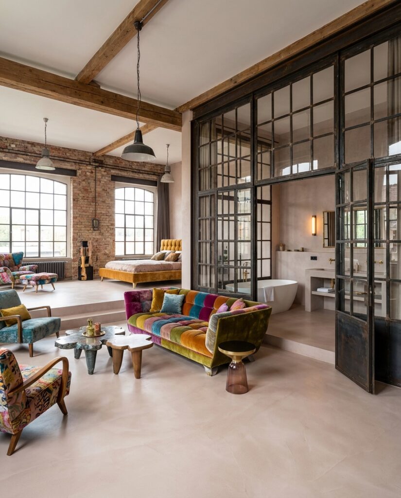 Ein Loft mit einem farbenfrohen Wohnzimmer und einem fugenlosen Spachtelboden HERKULES verbindet Schlafbereich und Badezimmer.