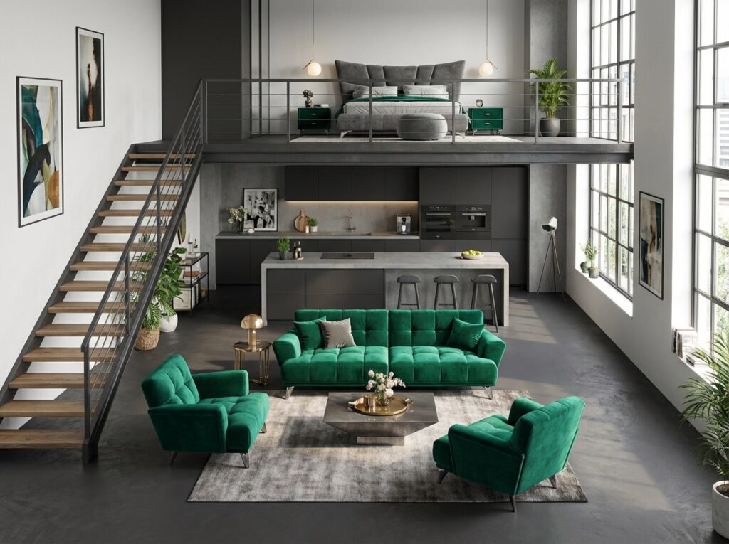 Ein Loft, mit zweiter Ebene. Sitzbereich, unten Küche, oben Schlafzimmer. Spachtelboden HERKULES im Farbton 1901