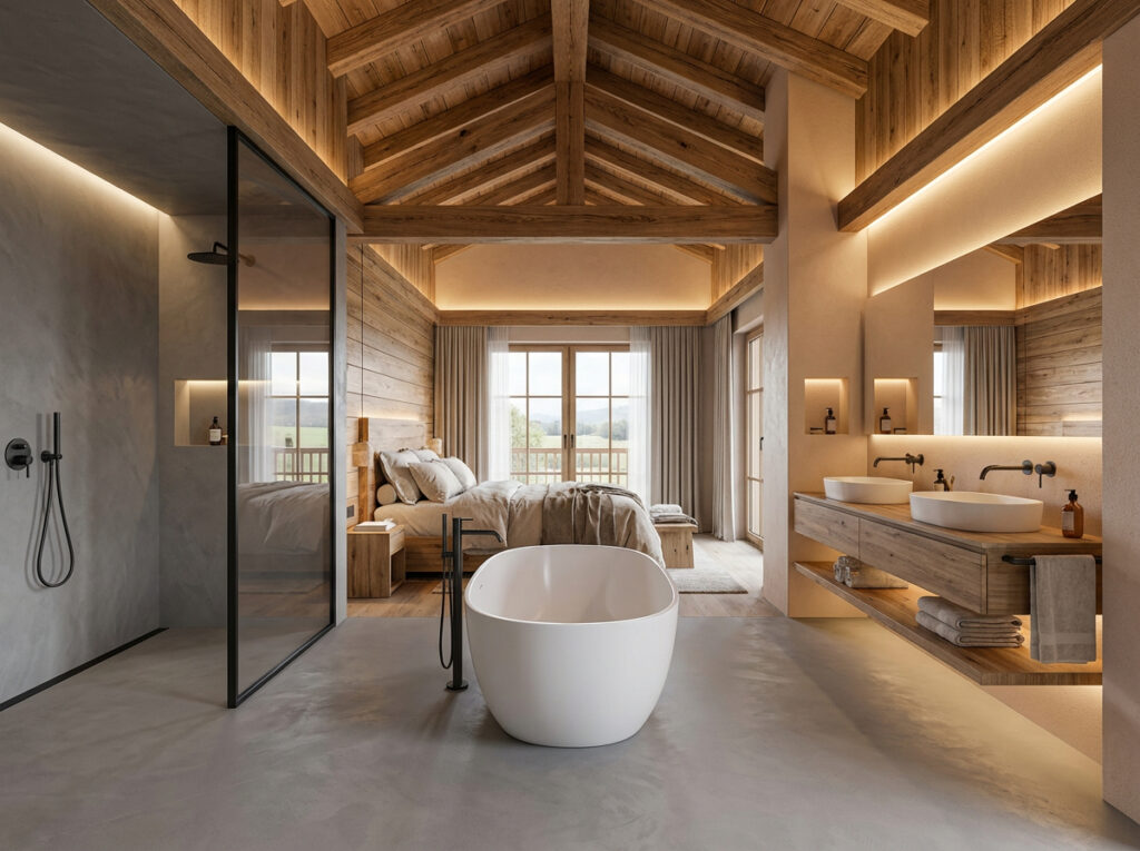 Ein Hotelzimmer mit freistehender Badewanne und fugenlosem Badezimmer mit Sichtbetonboden. Boden und Dusche ausgeführt mit HERKULES im Farbton 0230. Wände mit MARMOREA.