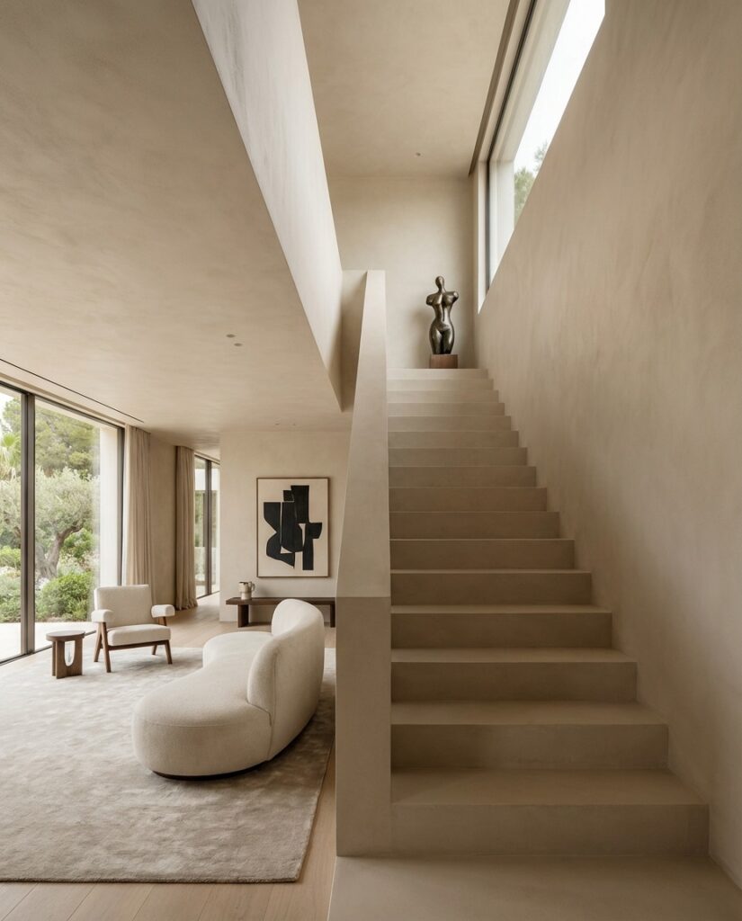 Eine fugenlos gespachtelte Treppe führt elegant durch ein stilvoll eingerichtetes Wohnzimmer mit moderner Wandgestaltung.