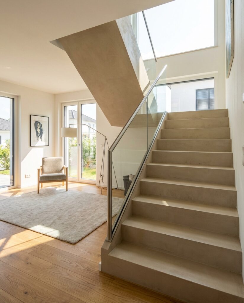 Eine fugenlos gespachtelte Treppe von Einhornwerke führt in ein modernes Wohnzimmer mit stilvoller Wandgestaltung.