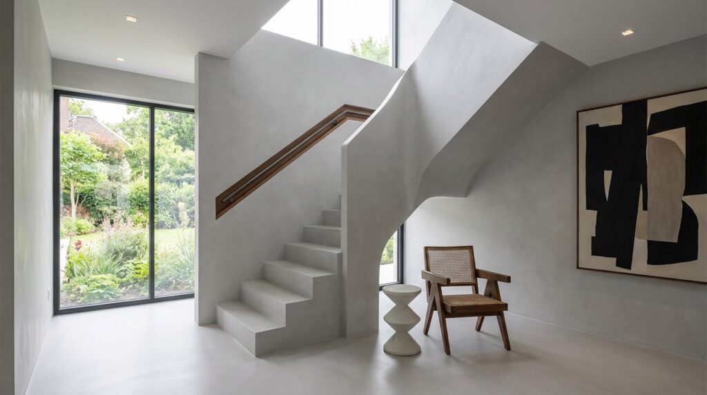 Eine fugenlos gespachtelte Treppe von Einhornwerke führt durch einen lichtdurchfluteten Raum mit moderner Wandgestaltung.