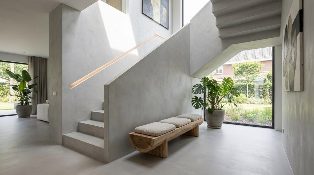 Eine fugenlos gespachtelte Treppe im modernen Wohnbereich von Einhornwerke zeigt elegante Wandgestaltung und Pflanzen.